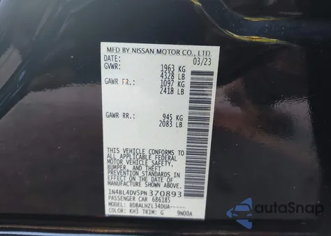 2023 Nissan Altima Sv Fwd from USA, damaged, VIN 1N4BL4DV5PN370893
